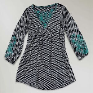 THML Long Sleeve Dress Black & White Print Green Embroidery Size Small